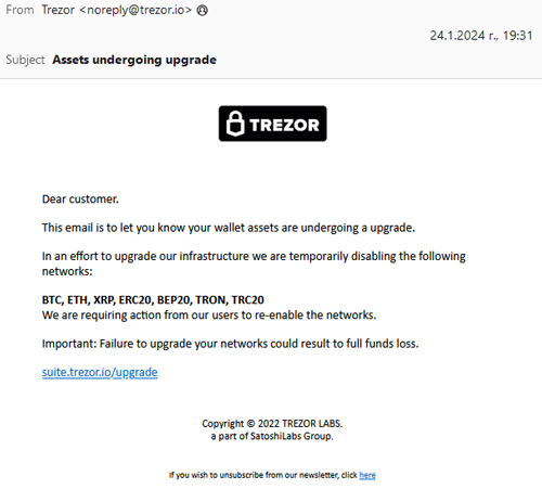 фишинг имейл Trezor
